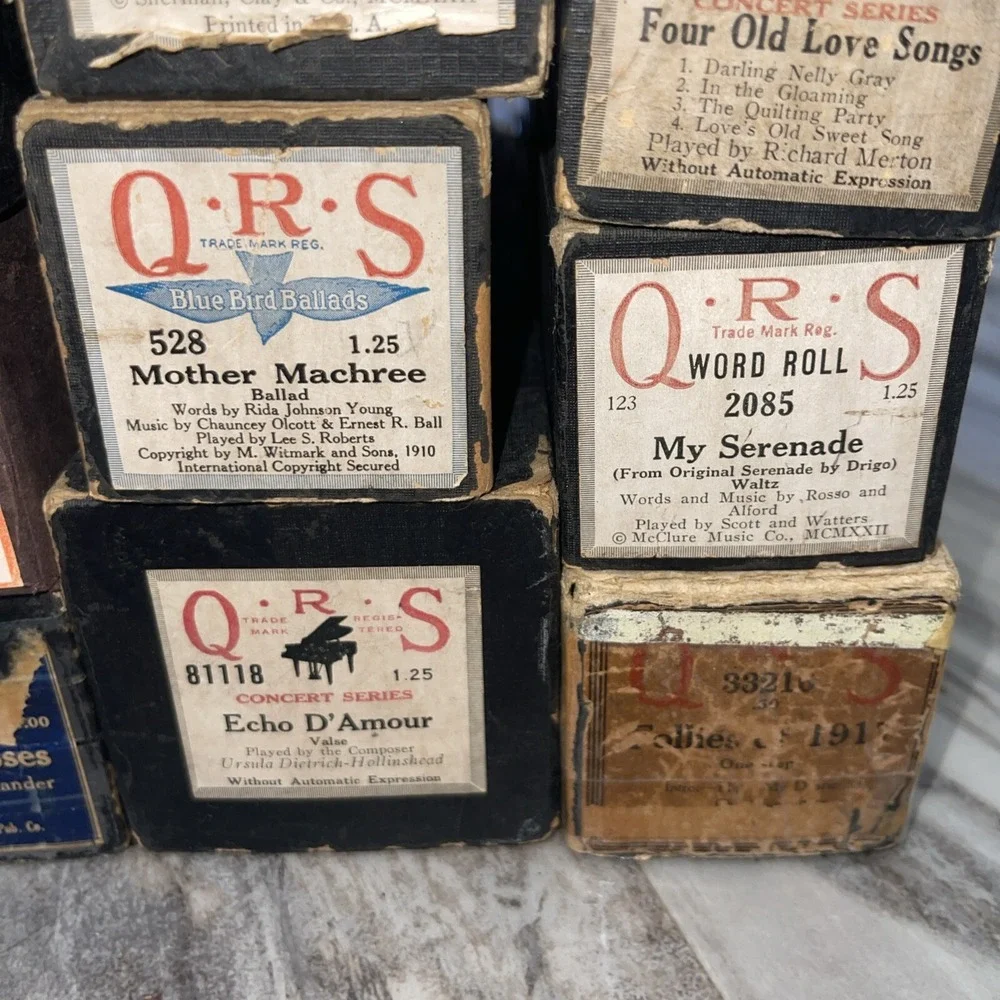 Antique QRS Player Piano Word Rolls Lot of 22 All Original Boxes Labeled As Is